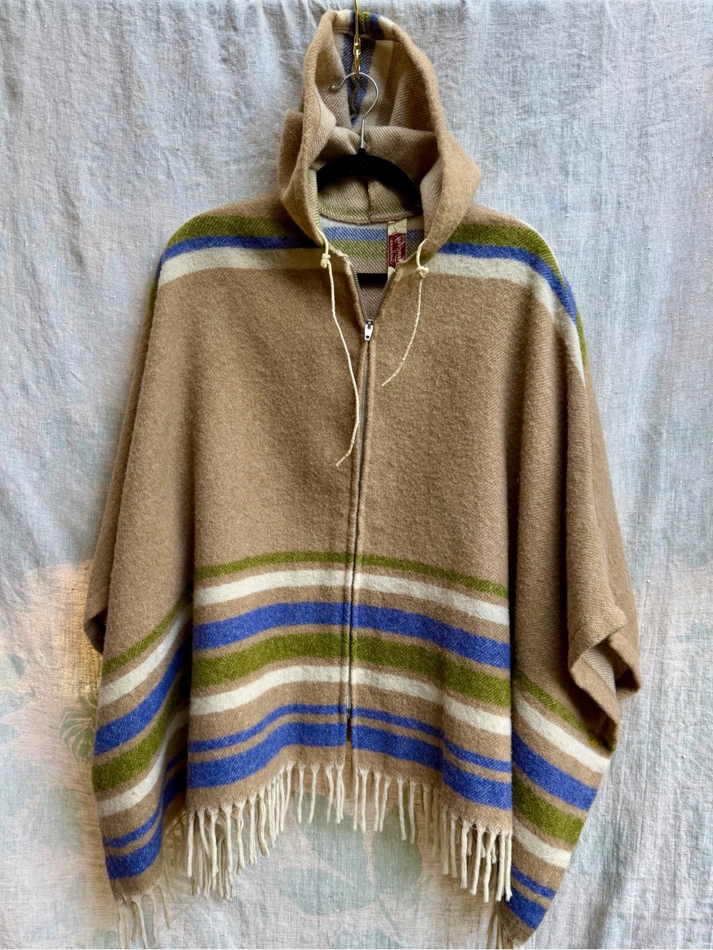 Vintage Langtry Hooded Zip Poncho in Tan with Blue & Green Stripes